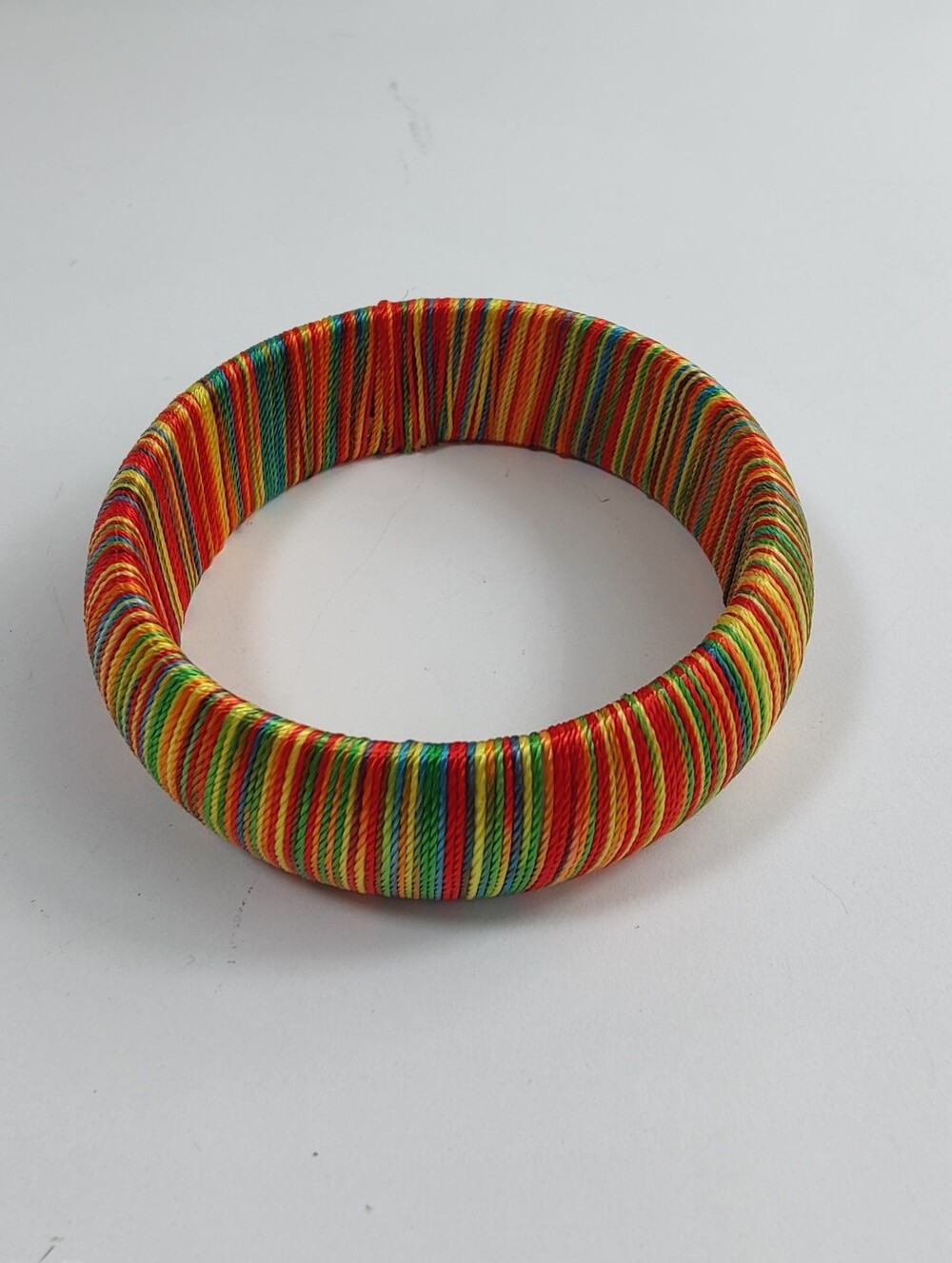 Colorful Rainbow Thread Wrapped Wooden Bangle Bracelet Boho Artisan Statement 8"